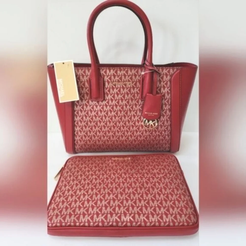 Michael Kors KALI  iPAD Case Tote Satchel Chili Red, Gold Adjustable Crossbody
